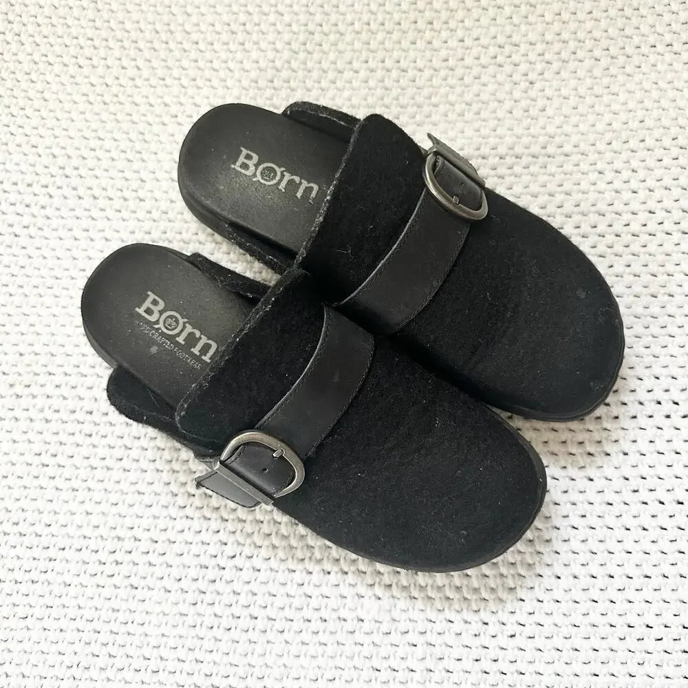 Born Comfort Black Lia Slip On Wool Open Back Clogs Buckle Strap Women 8-8.5 - Picture 7 of 7